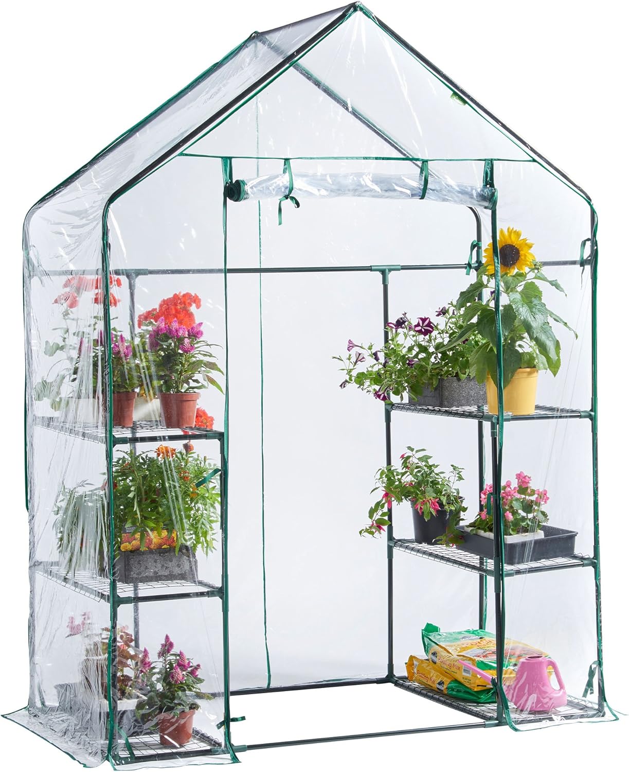 Vonhaus Walk in Greenhouse &amp;ndash; Compact Green House With 6 Shelves and Weatherproof Pvc Plastic Cover &amp;ndash; Plant House for Garden and Outdoor &amp;ndash; Roll Up Zip Panel Door &amp;ndash; Easy No Tool Assembly