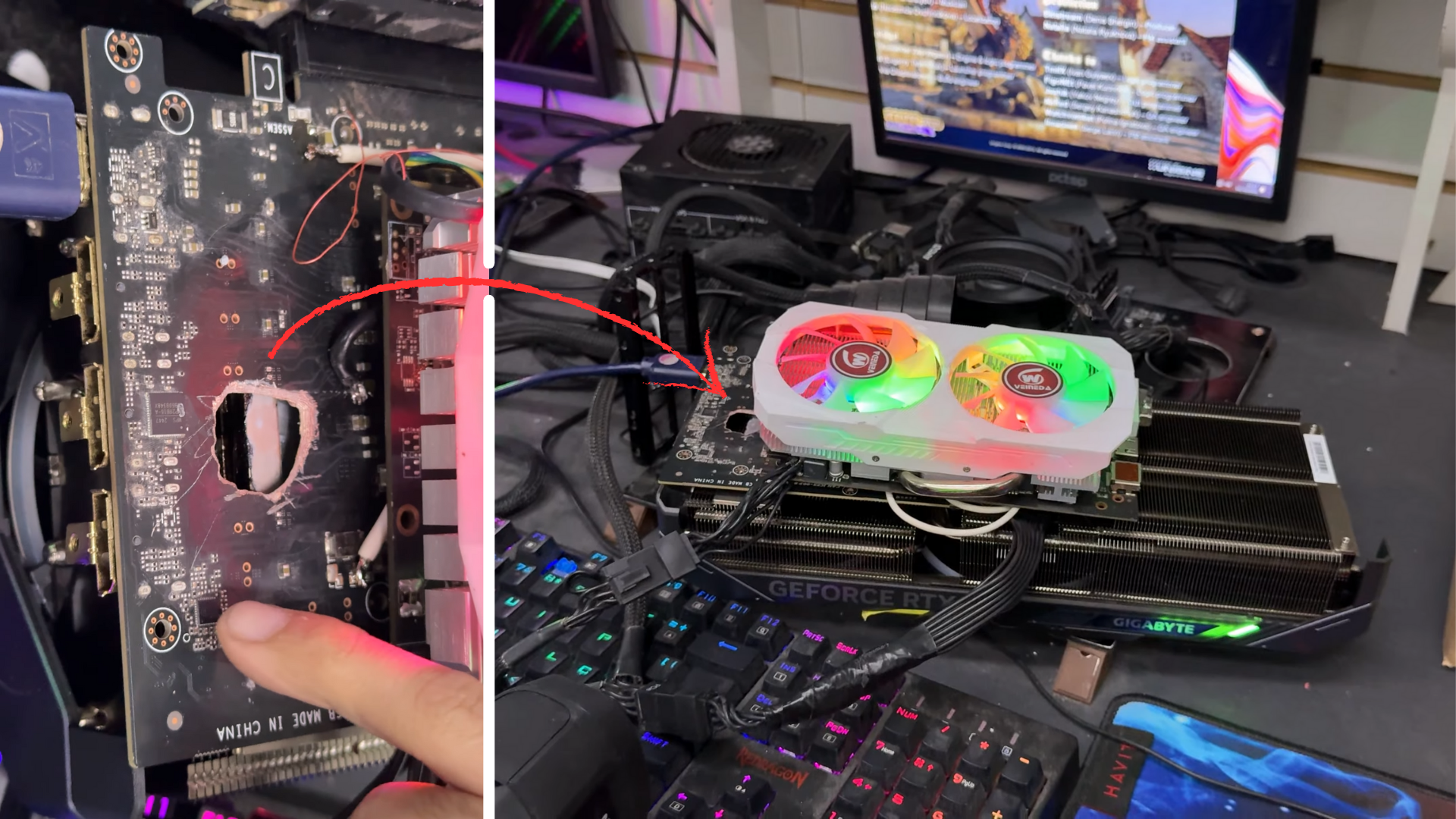 Burned-through RTX 5070 Ti with a hole, being powered by a donor RX 580