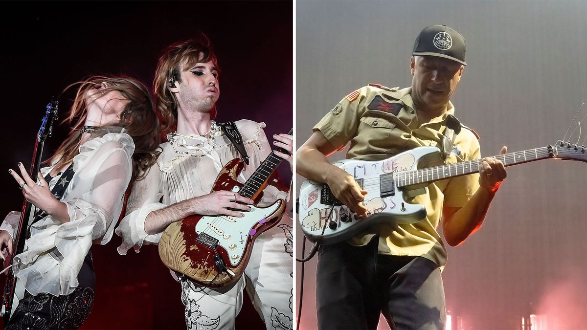 Måneskin&#039;s Victoria De Angelis and Thomas Raggi (left) and Tom Morello perform onstage