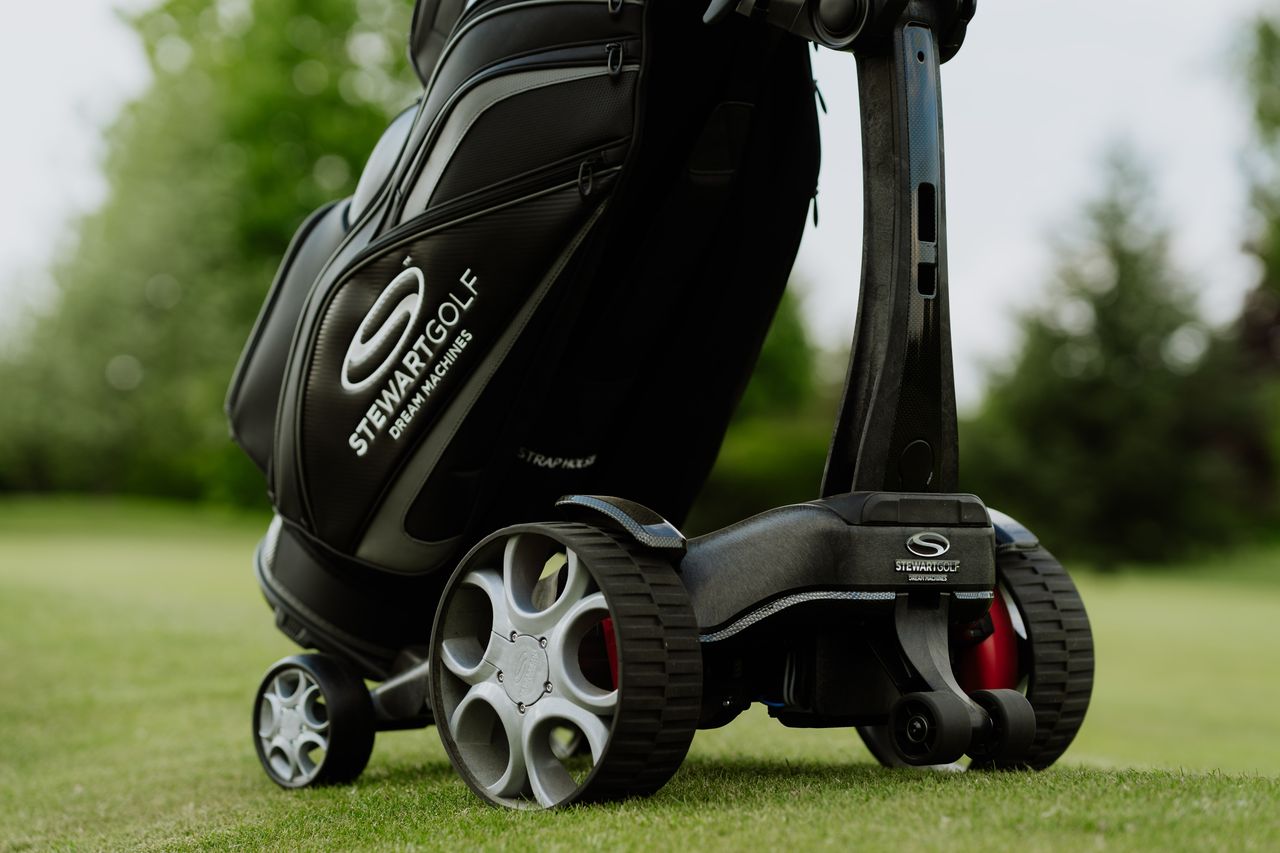 Stewart Golf Q Follow trolley pictured
