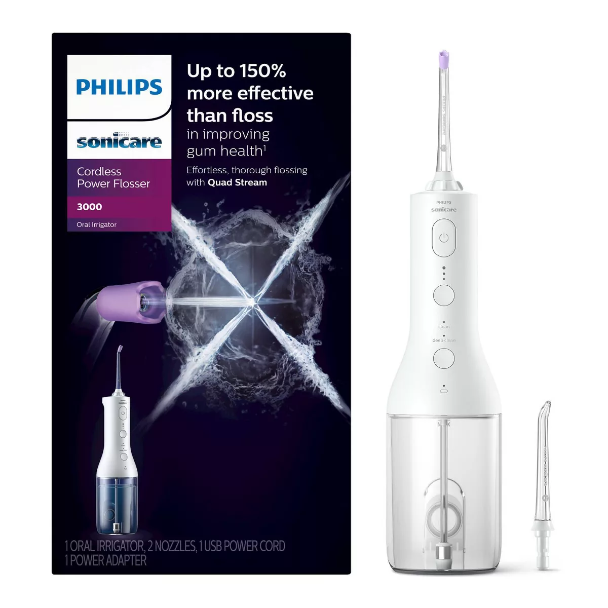 Philips Sonicare Power Flosser 3000 Cordless - Hx3826/21 - White: Oral Irrigator, Battery Powered, Includes Charger Base