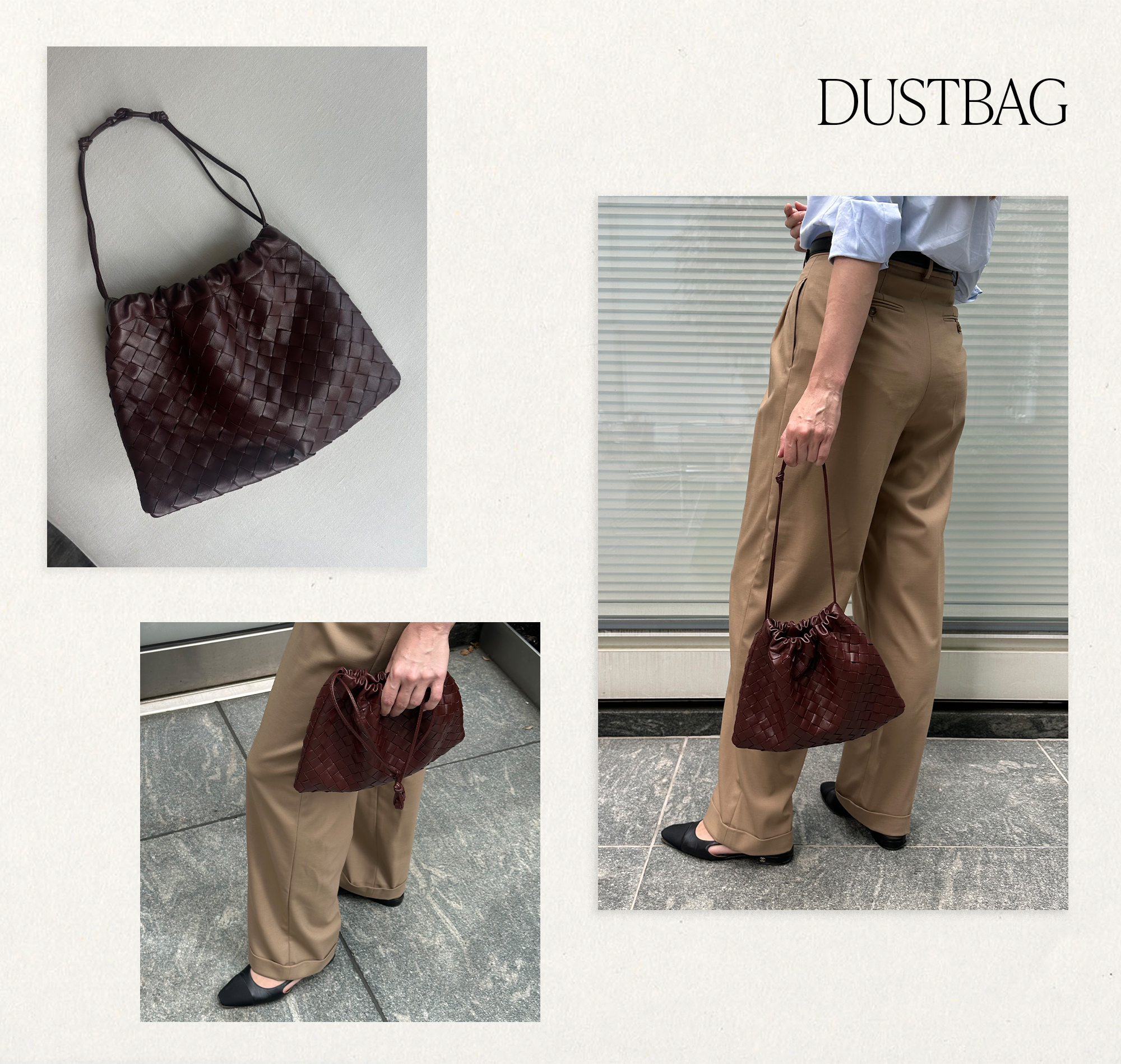 A collage of photos of Kristen Nichols carrying the Bottega Veneta Dustbag in the color Barolo. She's wearing it with a blue button-down shirt and khaki pants.