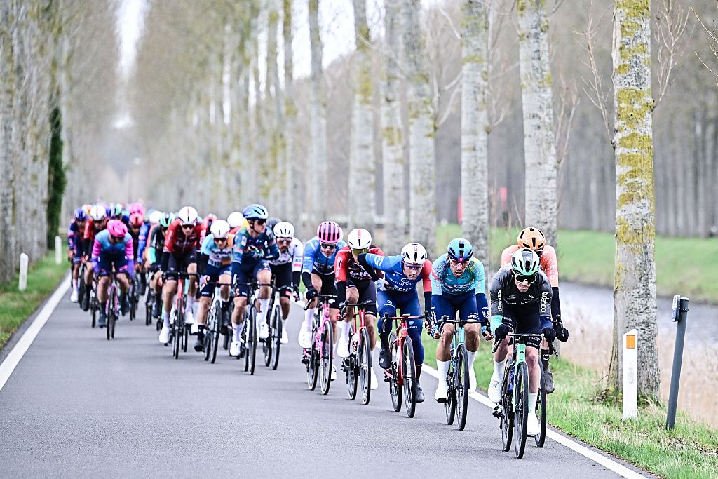 a group of riders pictured in action during the 'Ronde van Brugge' men's elite one-day cycling race, 202,9 km from and to Brugge on Wednesday 25 March 2026. BELGA PHOTO MAARTEN STRAETEMANS (Photo by MAARTEN STRAETEMANS / BELGA MAG / Belga via AFP)