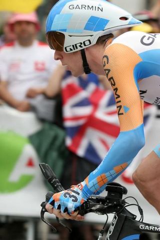 British rider Bradley Wiggins (Garmin - Slipstream) gets home support at the start of the time-trial in Annecy.