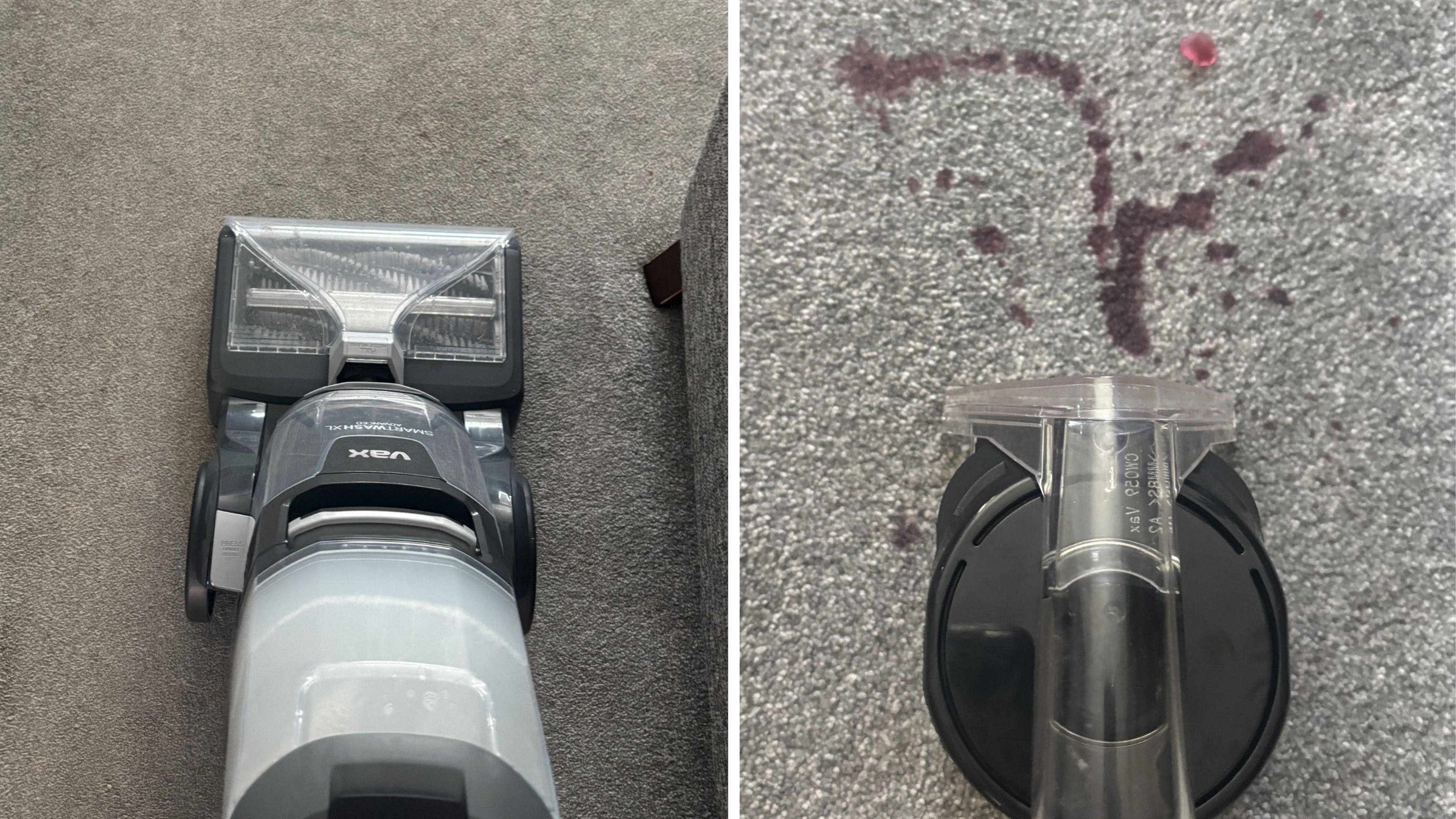 VAX Platinum Smartwash XL carpet cleaner cleaning grey carpets on the left, and the spot cleaning tool cleaning a red stain on grey carpet on the right