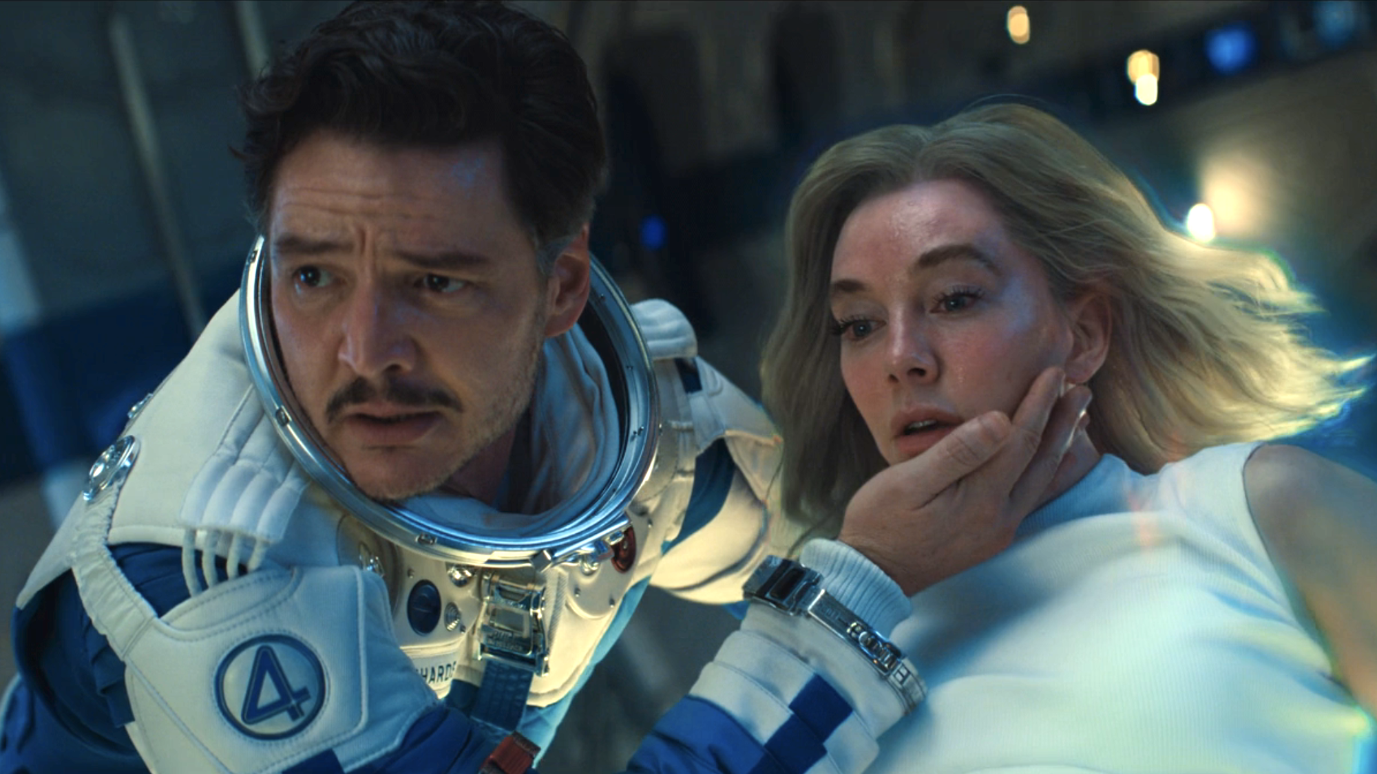 Pedro Pascal and Vanessa Kirby as Mr. and Mrs. Fantastic in space ship in Fantastic Four: First Steps 