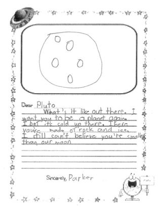 A "Dear Pluto" letter submitted by a child named Parker.