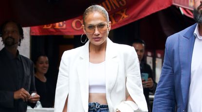 Jennifer Lopez is seen leaving the BALTAZAR restaurant on July 25, 2024 in Manhattan, New York. (