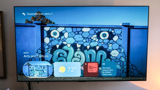 The onn 4K Google TV streaming box's screensaver on a TV features elaborate graffiti of a rock monster on a wall