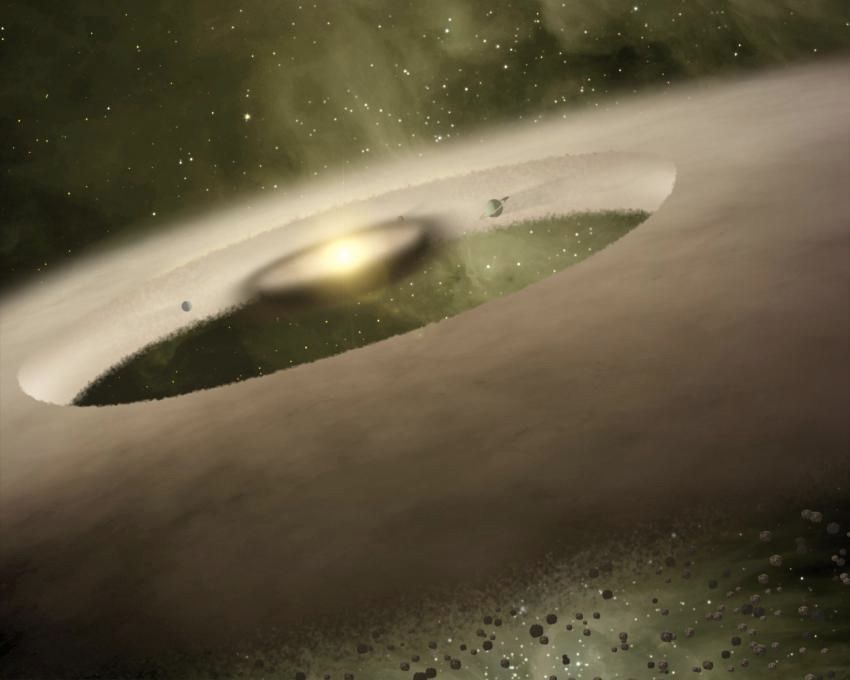 This long-lost planet would have existed at the very start of our solar system, billions of years ago. Shown here, an artist&#039;s illustration of a baby solar system forming, with a ring of debris around a young star. 