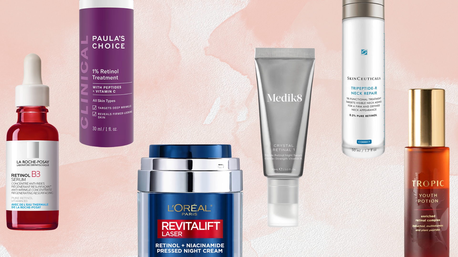 Collage of best retinol creams and serums on a pink watercolour background (L-R) La Roche-Posay, Paula&#039;s Choice, L&#039;Oréal Paris, Medik8, SkinCeuticals and Tropic Skincare