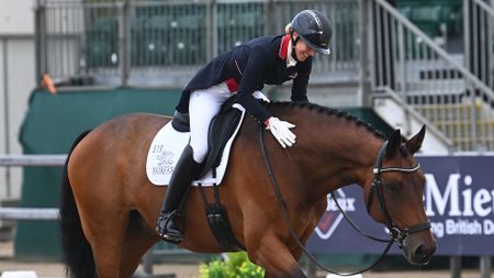 British dressage rider Laura Tomlinson leans forward in the saddle to rub her bay horse on the neck after their dressage test.