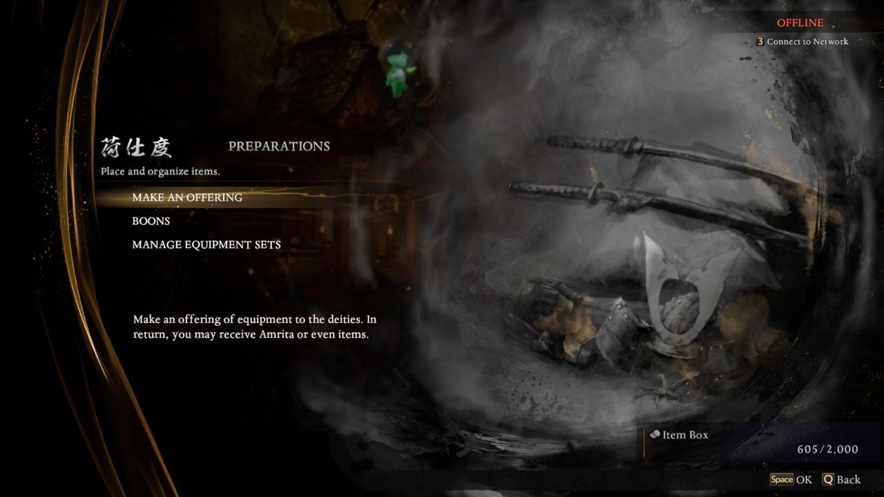 Nioh 3: The option to make an offering in the preparations menu of the shrine.