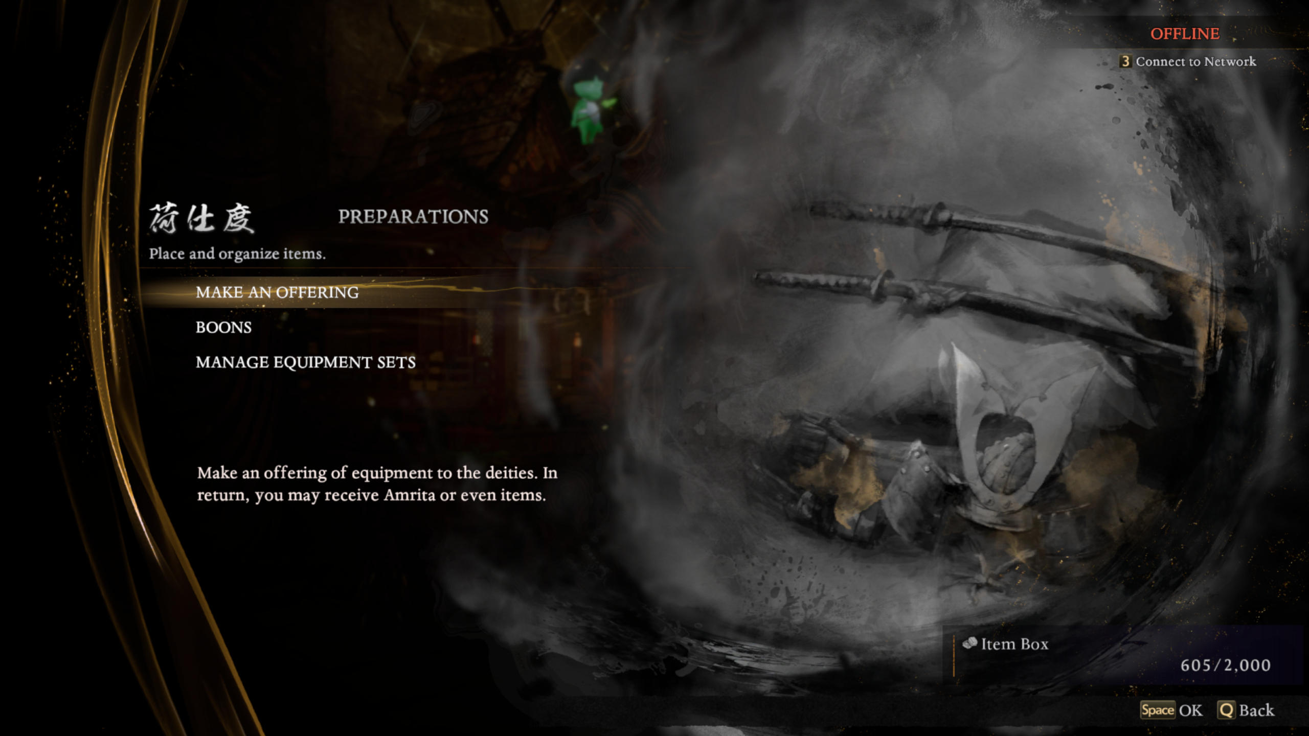 Nioh 3: The option to make an offering in the preparations menu of the shrine.