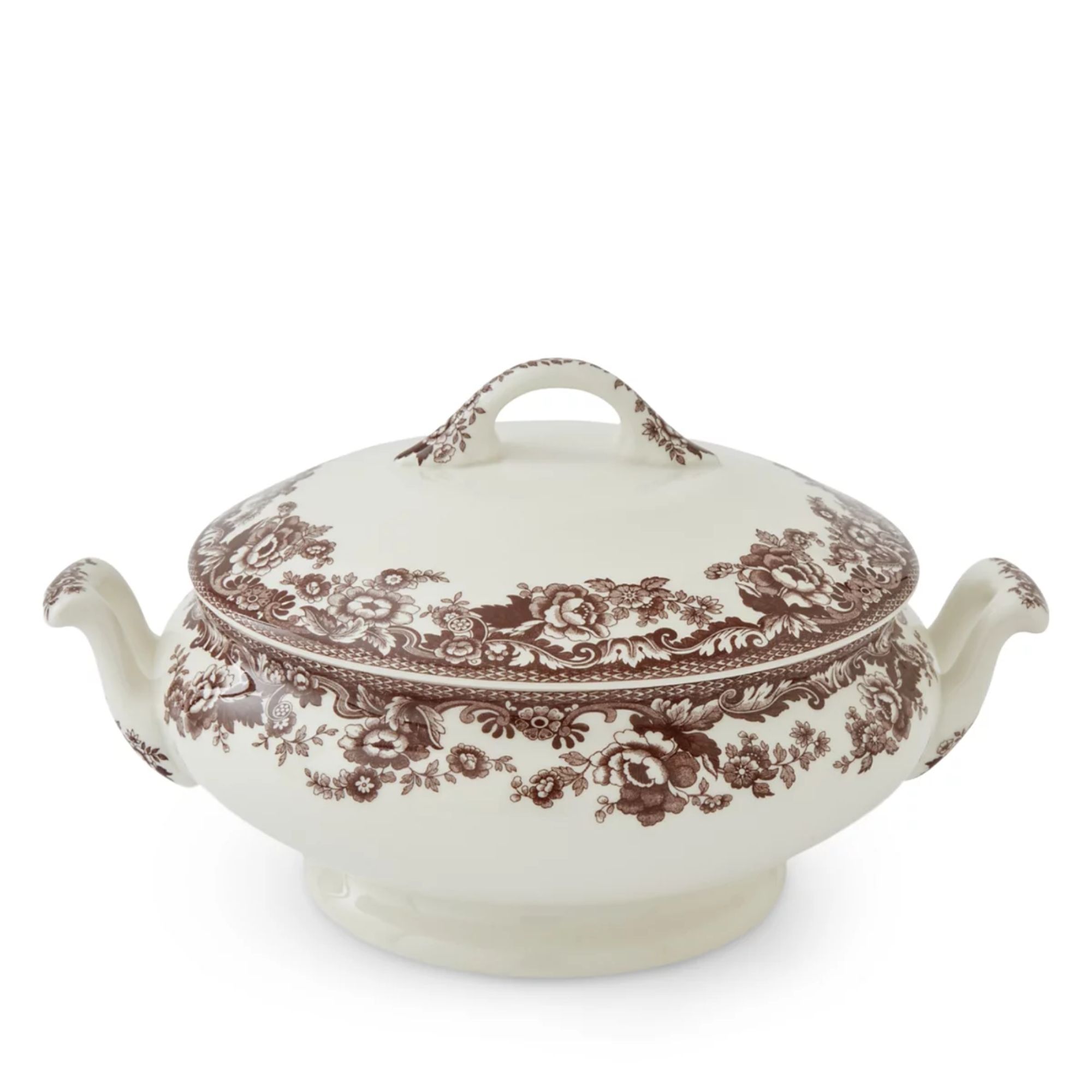 Covered vegetable dish with brown floral design