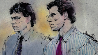 Key art promo image of a courtroom drawing of Erik and Lyle Menendez from The Menendez Brothers