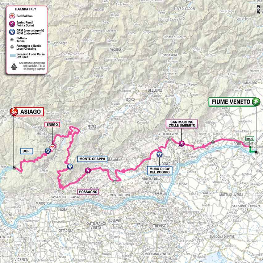 Map of stage 15 of the 2025 Giro d'Italia