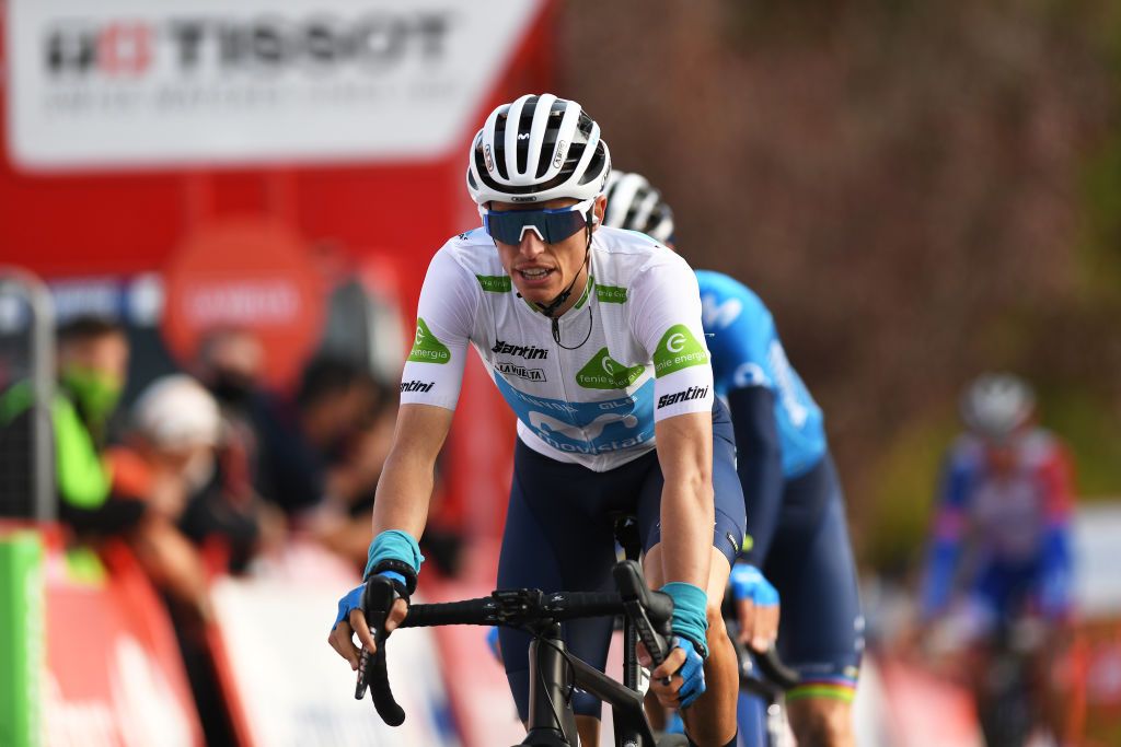 SABIANIGO SPAIN OCTOBER 24 Arrival Enric Mas Nicolau of Spain and Movistar Team White Best Young Jersey during the 75th Tour of Spain 2020 Stage 5 a 1844km Huesca to Sabinigo 835m lavuelta LaVuelta20 La Vuelta on October 24 2020 in Sabinigo Spain Photo by David RamosGetty Images