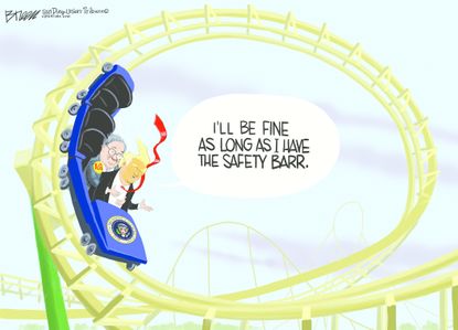 Political Cartoon U.S. Trump Barr rollercoaster safety Barr