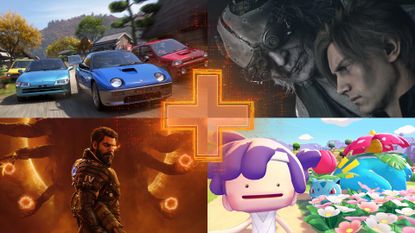 A header image for GamesRadar+s Best Games of 2026 list, showing Saros, Forza Horizon 6, Pokemon Pokopia, and Resident Evil Requiem in a grid with an orange plus sign in the middle