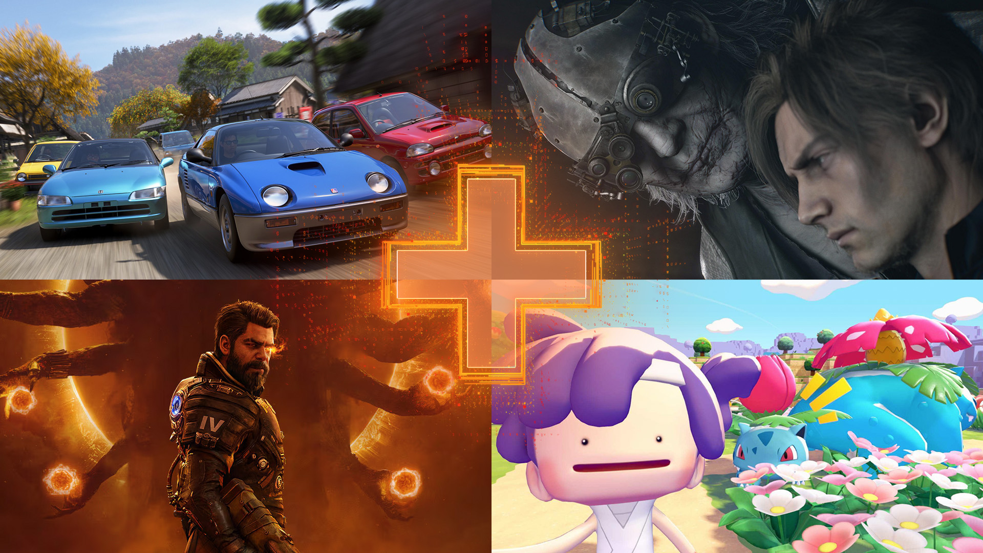 A header image for GamesRadar+s Best Games of 2026 list, showing Saros, Forza Horizon 6, Pokemon Pokopia, and Resident Evil Requiem in a grid with an orange plus sign in the middle