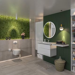 Grey bathroom with green panelled wall and living wall