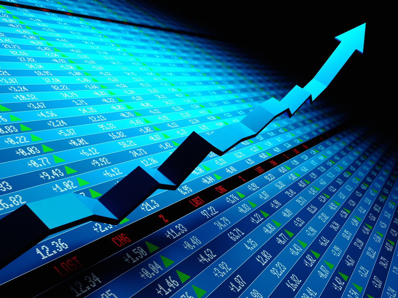 stock market ticker board with three dimensional blue arrow pointing up