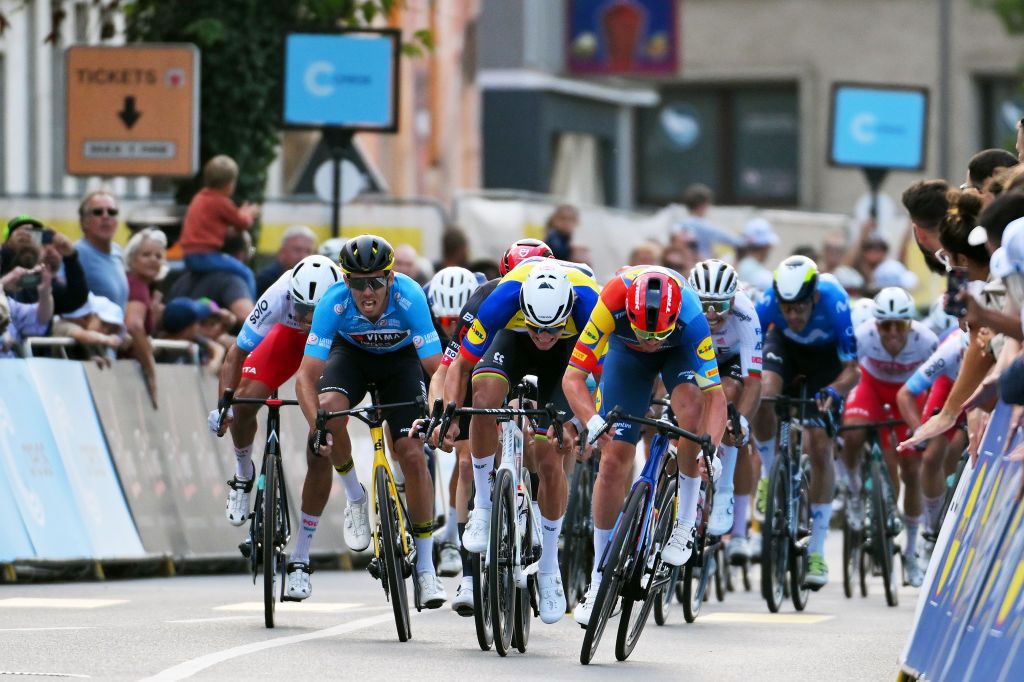 SCHIFFLANGE LUXEMBOURG SEPTEMBER 19 LR Christophe Laporte of France and Team Visma Lease A Bike Blue Sprint Jersey Mathieu Van Der Poel of The Netherlands and Team AlpecinDeceuninck Yellow leader jersey and Mads Pedersen of Denmark and Team LidlTrek sprint at finish line during the 84th Tour de Luxembourg 2024 Stage 2 a 155km stage from Junglinster to Schifflange UCIWT on September 19 2024 in Schifflange Luxembourg Photo by Tim de WaeleGetty Images