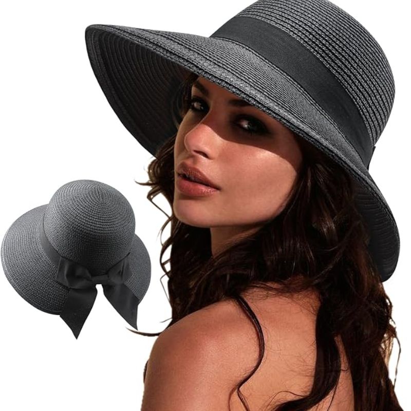 black straw hat with bow back