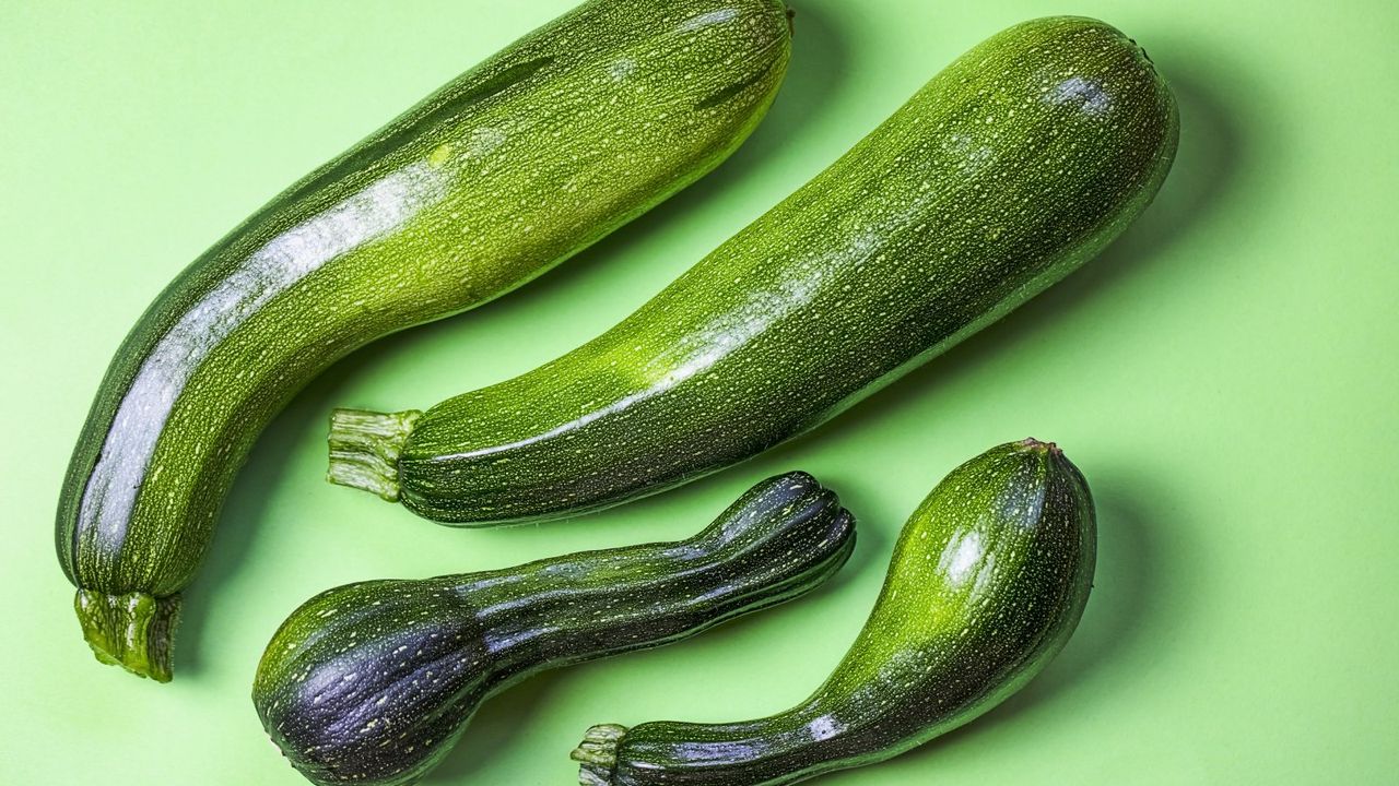 Four zucchini on a green background