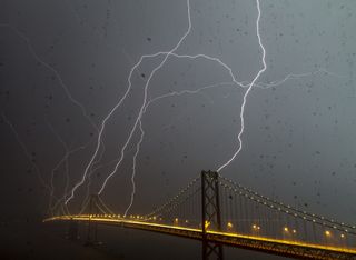 Lightning striking the Bay Bridge in San Francisco.