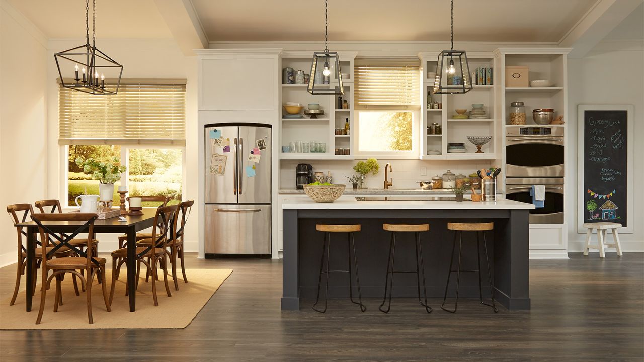 Kitchen shot showing a home with smart lighting 