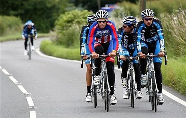 Discovery Channel on a training ride in England, lawfully riding on the left.