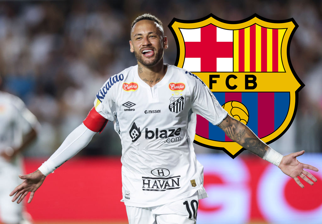 SANTOS, BRAZIL - FEBRUARY 19:Neymar of Santos celebrates the second goal of his team scored by Tiquinho Soares during a Campeonato Paulista 2025 match between Santos and Noroeste at Urbano Caldeira Stadium (Vila Belmiro) on February 19, 2025 in Santos, Brazil. (Photo by Alexandre Schneider/Getty Images) Barcelona