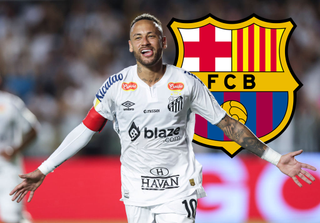 SANTOS, BRAZIL - FEBRUARY 19:Neymar of Santos celebrates the second goal of his team scored by Tiquinho Soares during a Campeonato Paulista 2025 match between Santos and Noroeste at Urbano Caldeira Stadium (Vila Belmiro) on February 19, 2025 in Santos, Brazil. (Photo by Alexandre Schneider/Getty Images) Barcelona