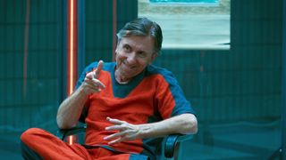Tim Roth as Abomination/Emil Blonsky is pointing a finger, from inside his prison cell, in Marvel Studios' She-Hulk: Attorney at Law