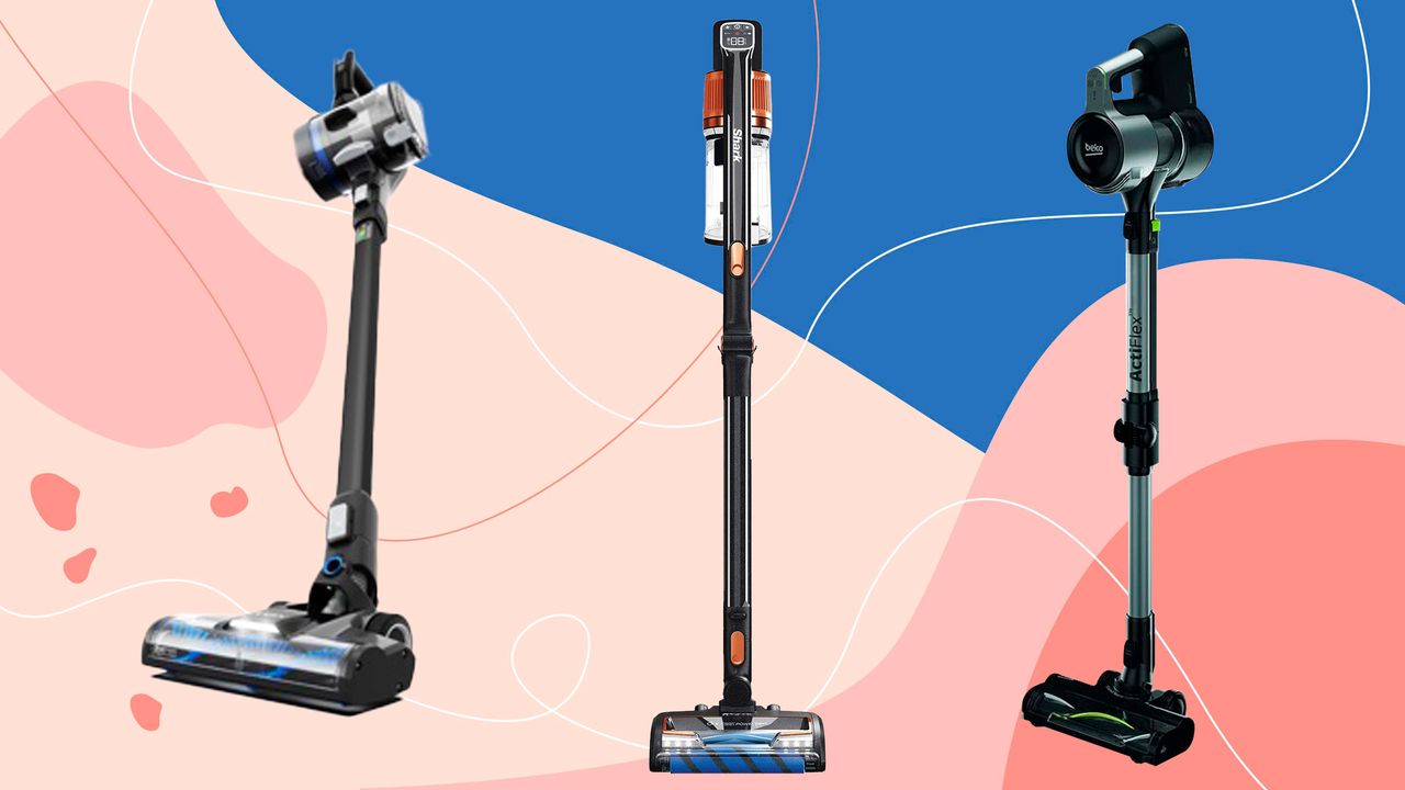 Image of three of the best cordless vacuums on blue and pink graphic background