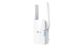 TP-Link RE605X WiFi 6 Range Extender at an angle on a white background