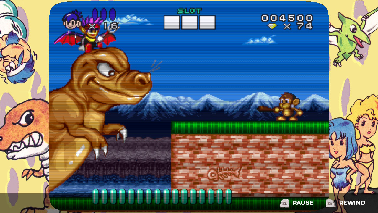 A cartoon dinosaur stares at a monkey in game Joe &amp;amp; Mac Retro Collection