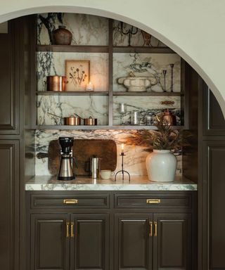 Brown and marble coffee bar with open shelving