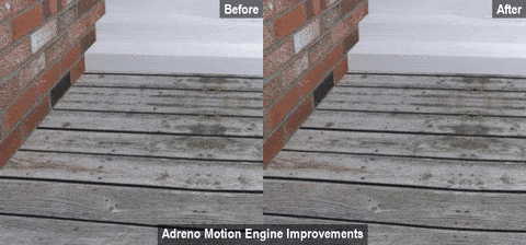A demonstration of motion warping before and after enabling the Adreno Motion Endgine
