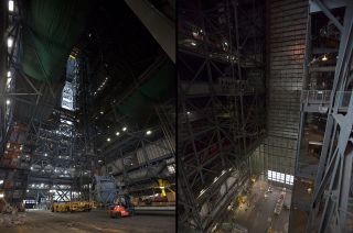Ground level (at left) and overhead views of High Bay 2 inside the Vehicle Assembly Building at NASA's Kennedy Space Center in Florida.