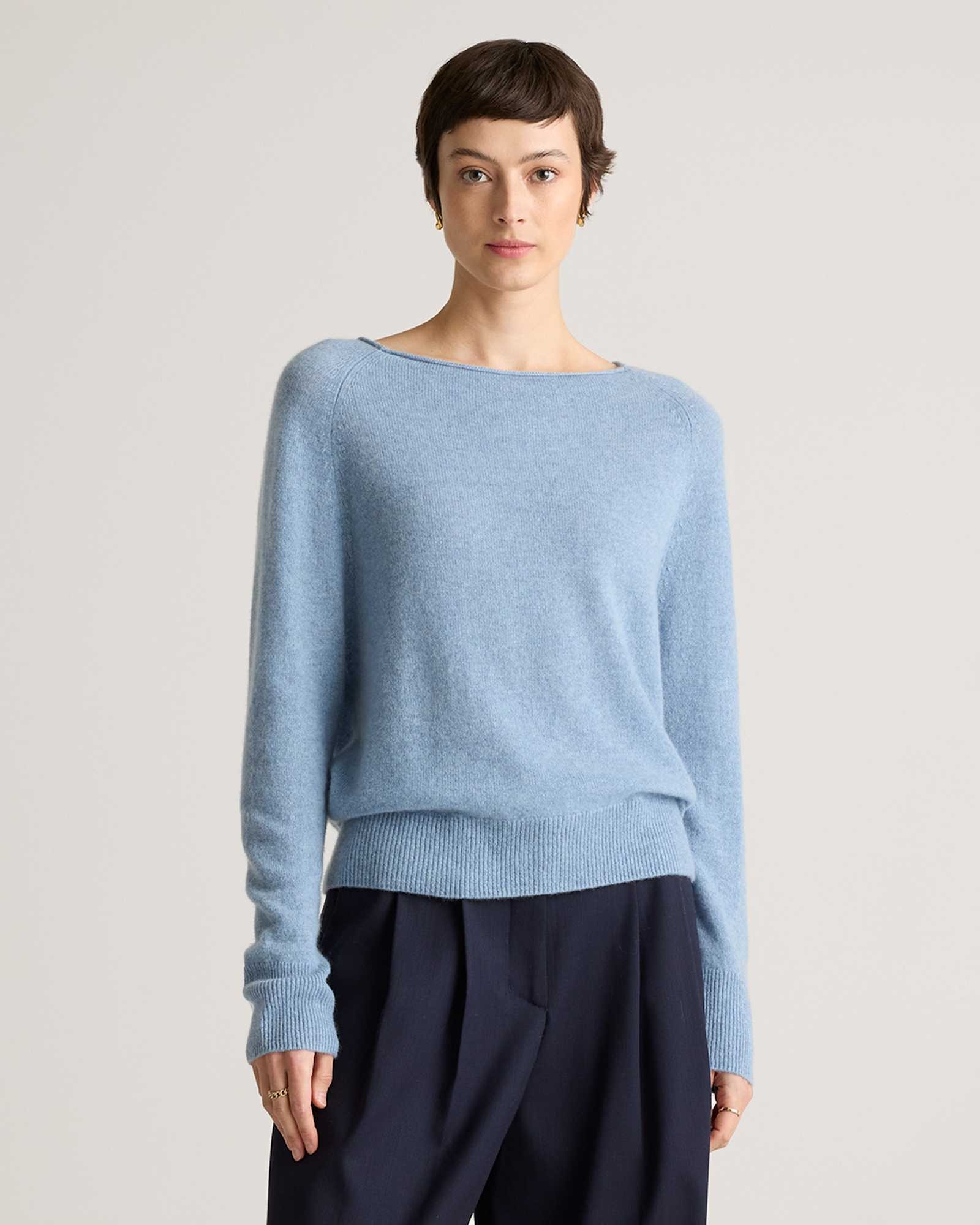 Quince, Mongolian Cashmere Boatneck Sweater in Faded Denim