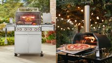 An example of Pizza oven vs grill; a split panel image of a Weber S-470 LP gas grill and an Ooni Karu 16 pizza oven