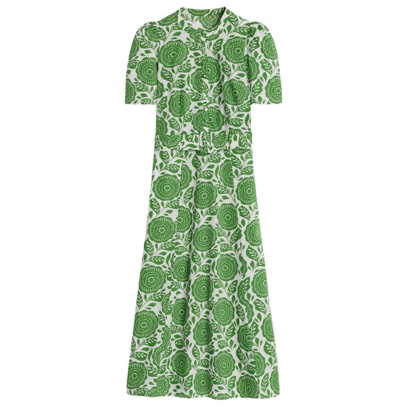 Boden, Kate Puff Sleeve Belted Dress-Paradise Green, Dahlia Stamp