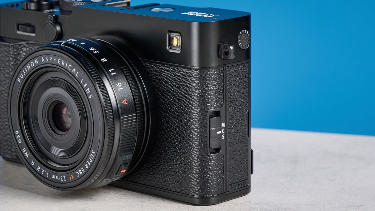 Fujifilm X-E5 against a blue background