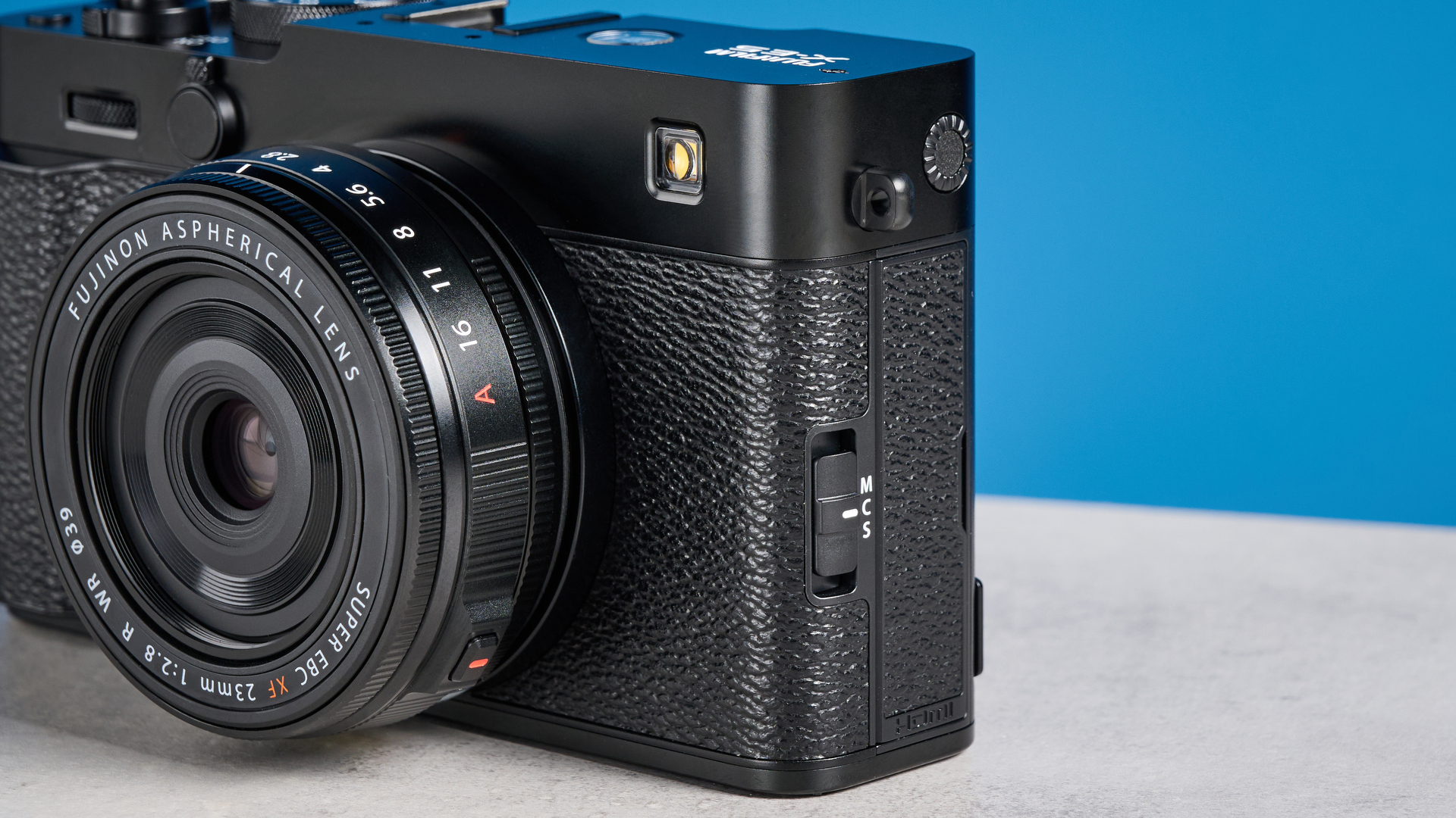 Fujifilm X-E5 against a blue background