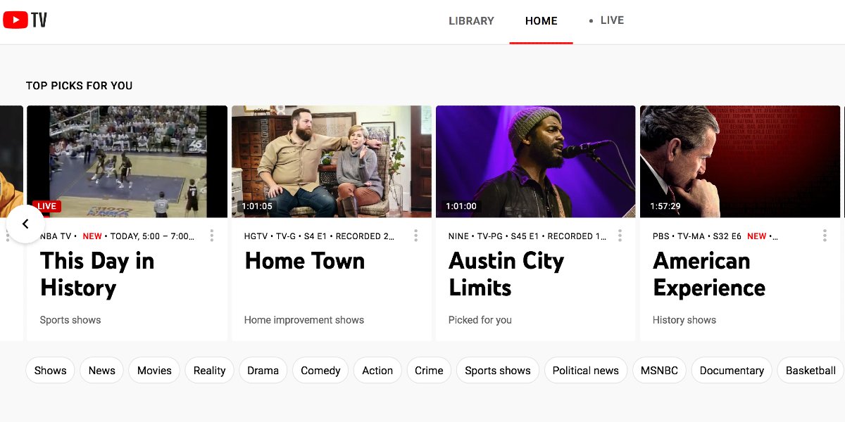 YouTube TV homepage