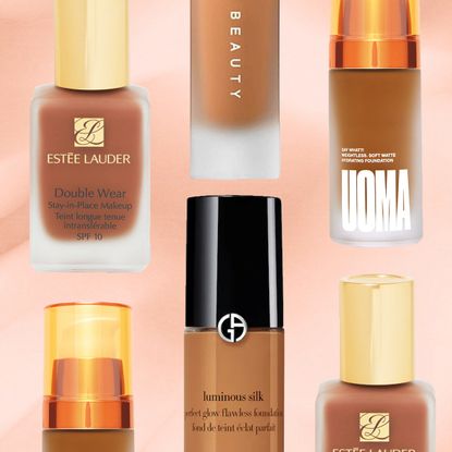 collage of the best foundations for acne prone skin including estee lauder and fenty beauty foundation