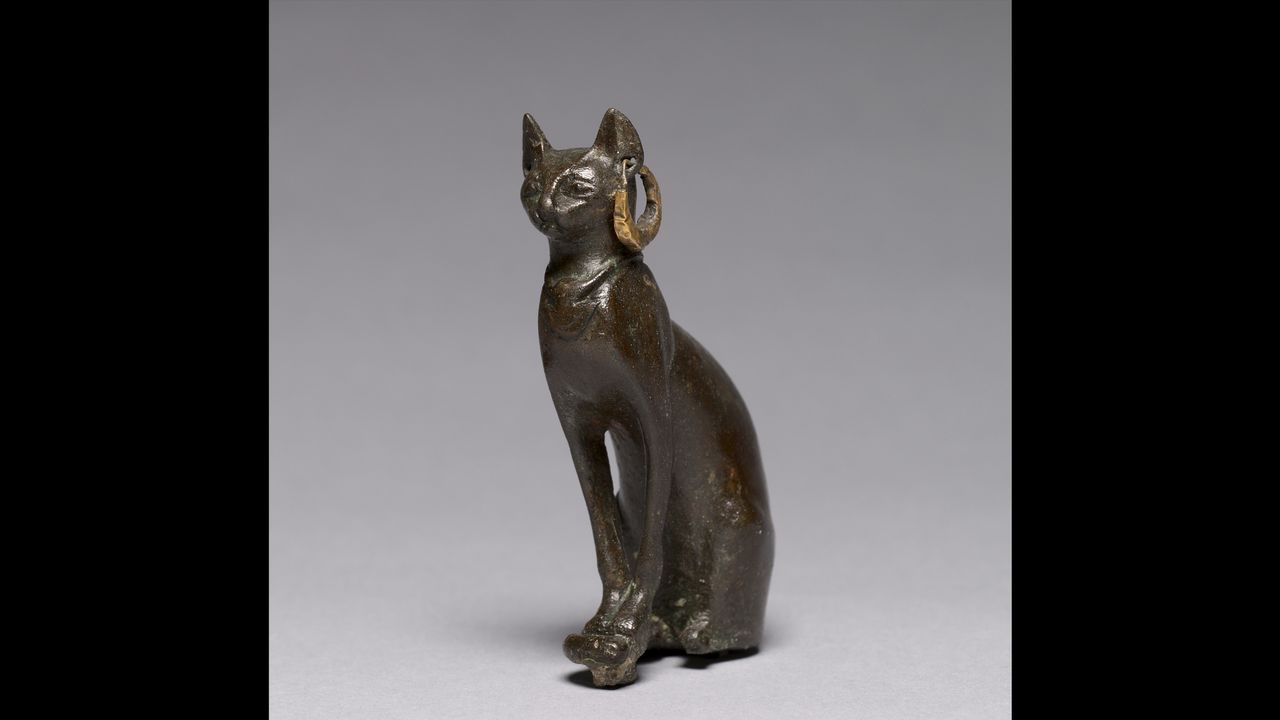A bronze and gold cat dating to 664-30 B.C., Egypt's Late Period, Dynasty 26 or later.